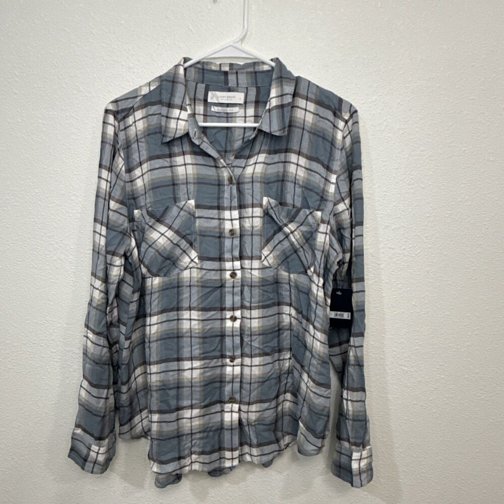 NWT Lucky Brand Women's Large Button Up Plaid Shirt Blue Flannel Long Sleeve